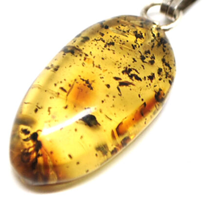 A polished piece of amber with an insect trapped inside fastened with a sterling silver bail against a white background