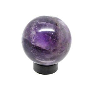A small amethyst sphere on a black acrylic ring stand against a white background