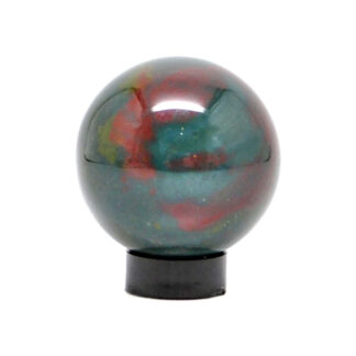 A small bloodstone sphere with dark green and red tones on a black acrylic ring stand against a white background