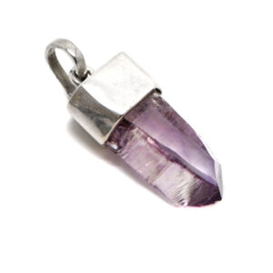 A vera cruz amethyst crystal pendant that has been capped with sterling silver against a white background