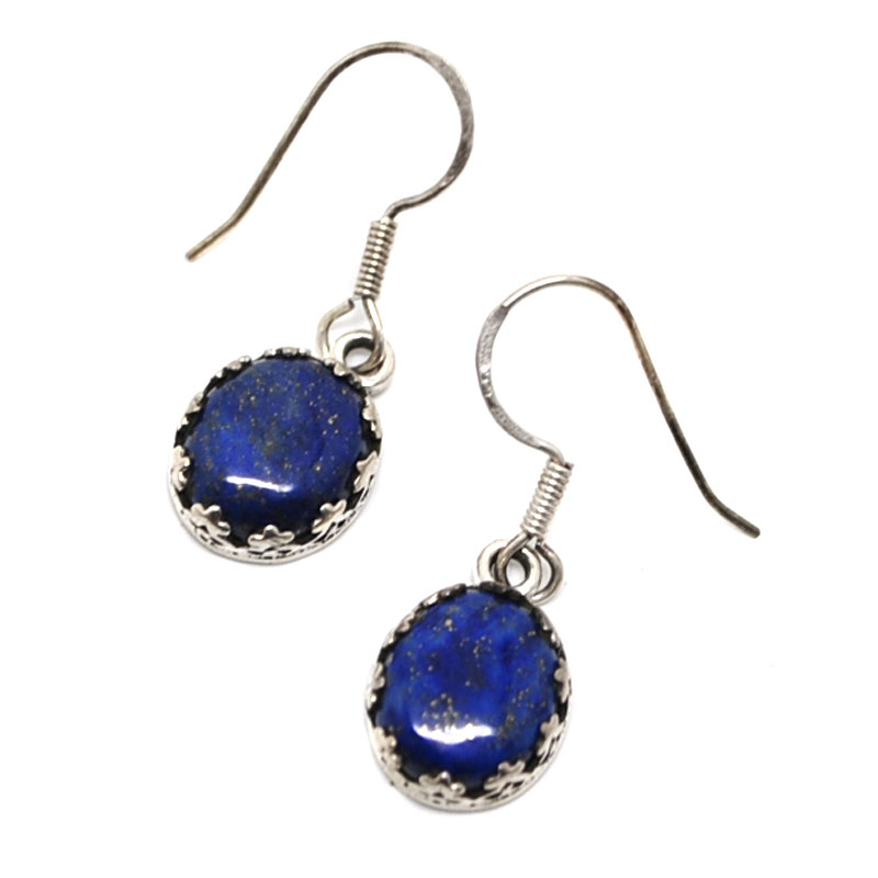 Lapis Lazuli Earrings Sterling Silver Blue Gemstone Dangles Oval Bezel Set Lever Backs