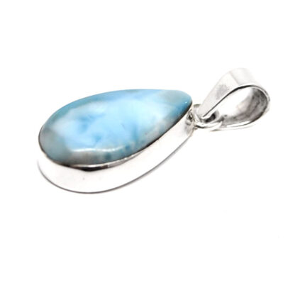 A teardrop larimar sterling silver pendant against a white background