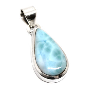 A teardrop larimar sterling silver pendant against a white background