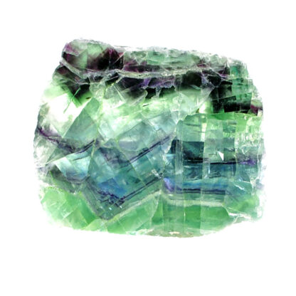 A rainbow fluorite slab with bright green and deep purple tones polished on both faces against a white background