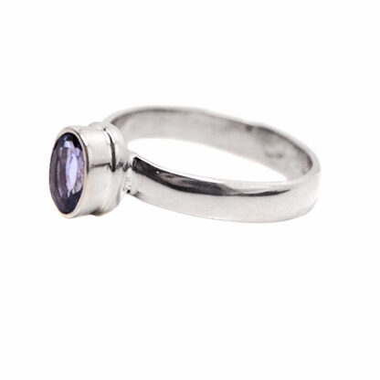 An oval faceted tanzanite gemstone set into a simple sterling silver ring against a white background