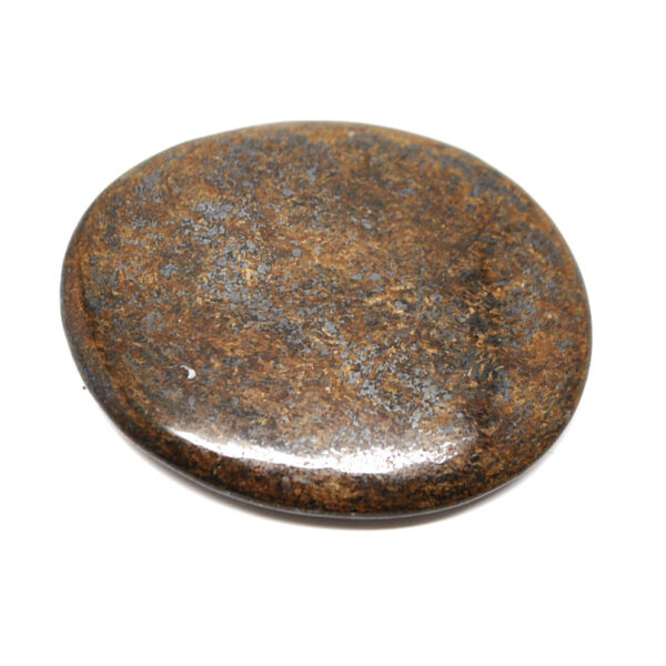 A polished brown bronzite palm stone against a white background