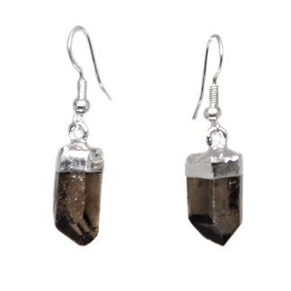 A pair of silver capped smokey quartz crystal earrings against a white background