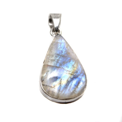 A sterling silver pendant set with a teardrop rainbow moonstone cabochon against a white background