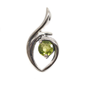 A uniquely shaped sterling silver pendant featuring an oval faceted peridot gemstone against a white background
