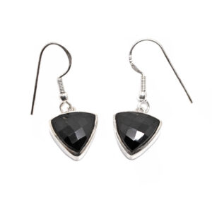 A pair of sterling silver dangle earrings set with trilliant faceted onyx gemstones against a white background