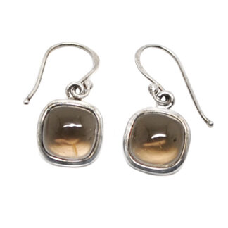 A pair of sterling silver dangle earrings set with square smoky quartz cabochons against a white background