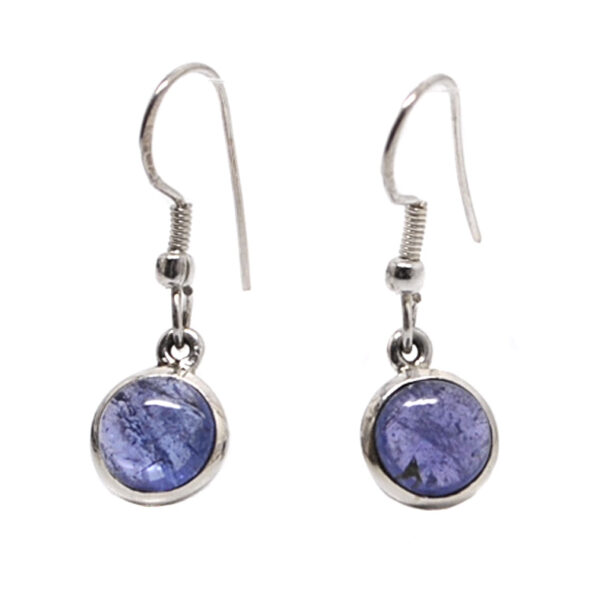 A pair of sterling silver dangle earrings set with round tanzanite gemstones against a white background
