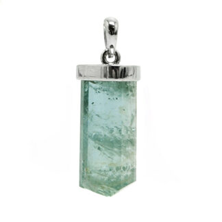 aquamarine crystal pendantt against a white backround