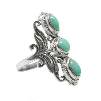 Tibetan Turquoise Tri-Stone Sterling Silver Ring; size 8 1/2