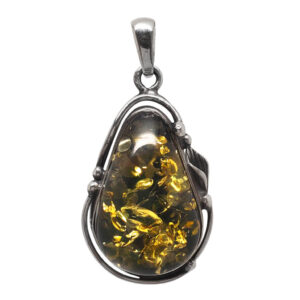 Amber Teardrop Sterling Silver Pendant against a white backround.