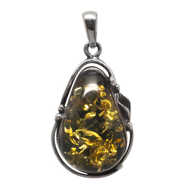 Amber Teardrop Sterling Silver Pendant against a white backround.