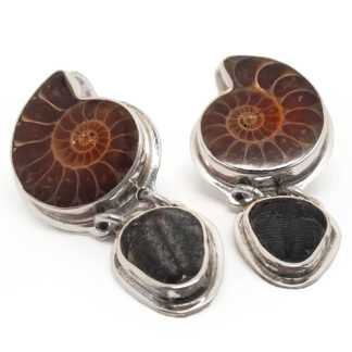 Ammonite and Trilobite Fossil Sterling Silver Stud Earrings against a white backround.