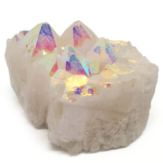Angel Aura Quartz Crystal Cluster against a white backround.