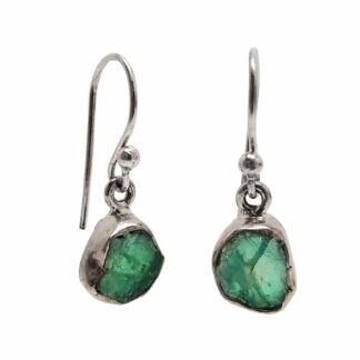 Emerald Rough Sterling Silver Earrings against a white backround.