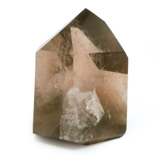Phantom Smoky Quartz Crystal photographed against a white background