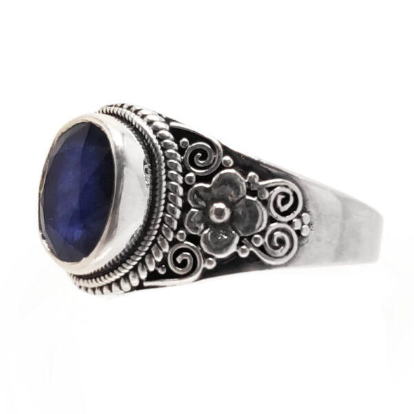 Sapphire Faceted Oval Sterling Silver Ring photagrahed against a white background