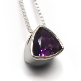 Amethyst Faceted Slider Sterling Silver Pendant on a chain against a white background