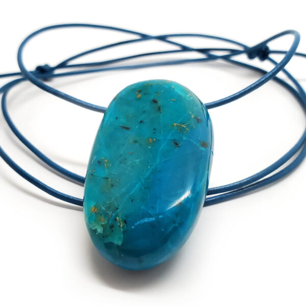 Chrysocolla Drilled Pendant with chord displayed around the pendant, against a white background.
