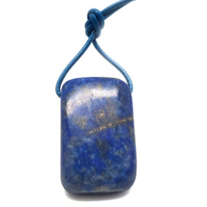 A Lapis Lazuli Drilled Pendant with a teal leather rope against a white background