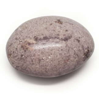 Lepidolite Palm Stone photographed against a white background