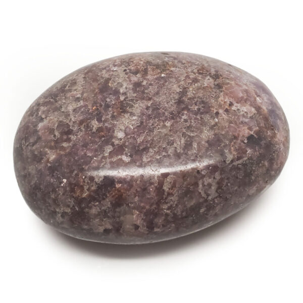 Lepidolite Palm Stone photographed against a white background