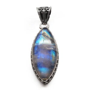Rainbow Moonstone Marquis Sterling Silver Pendant against a white background.