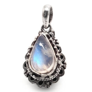 Rainbow Moonstone Teardrop Sterling Silver Pendant against a white background