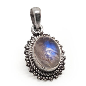 Rainbow Moonstone Oval Sterling Silver Pendant against a white background