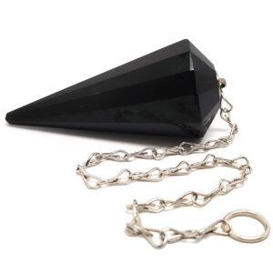 Obsidian pendulum on a metal chain against a white background