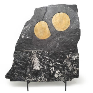 Double Pyrite sun in Fern Matrix Displayed on an iron stand photographed against a white background.