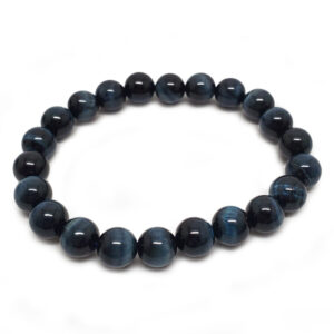 hawks eye (blue tigers eye) beaded braclet photographed against a white background