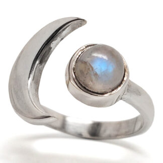 Rainbow Moonstone Crescent Moon Sterling Silver Ring; Size  8 1/2
