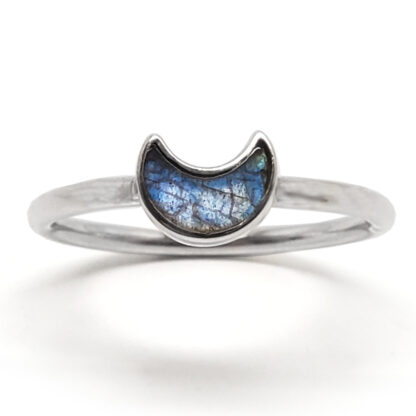Rainbow Moonstone Crescent Sterling Silver Ring; size 8 1/4