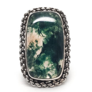 Moss Agate Rectangular Sterling Silver Ring; size 9 1/4
