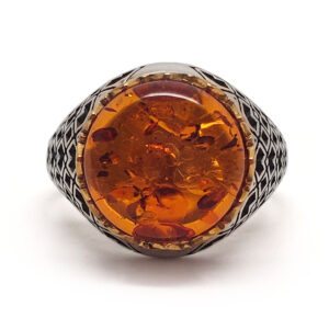 Amber Round Sterling Silver Men’s Ring; size 12