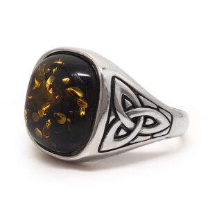 Amber Celtic Triquetra Sterling Silver Men’s Ring; size 13