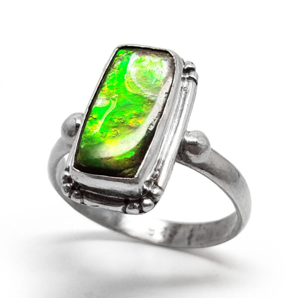 Ammolite Fossil Rectangle Sterling Silver Ring; size 9