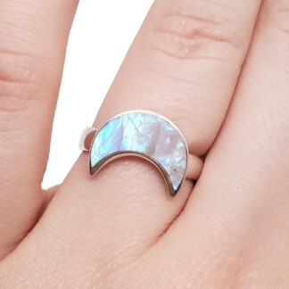 Rainbow Moonstone Crescent Sterling Silver Ring