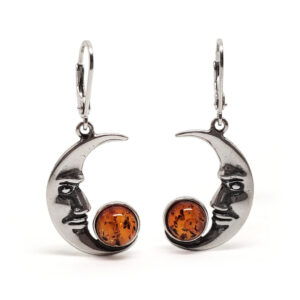 Amber Crescent Moon Face Sterling Silver Earrings
