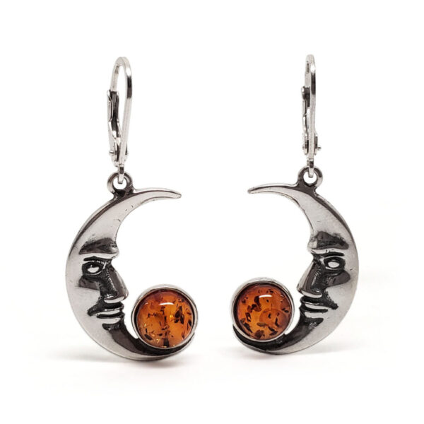 Amber Crescent Moon Face Sterling Silver Earrings