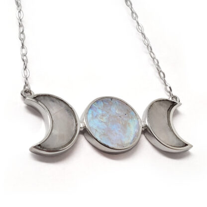 Rainbow Moonstone Moon Phase Sterling Silver Necklace