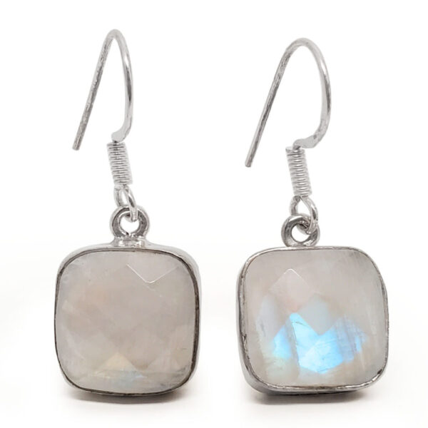 Rainbow Moonstone Square Faceted Sterling Silver Earrings