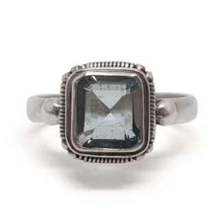 Aquamarine Rectangular Faceted Sterling Silver Ring; size 8