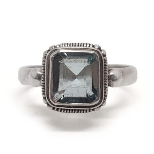 Aquamarine Square Faceted Sterling Silver Ring; size 9