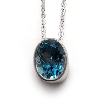 Blue Topaz Oval Faceted Sterling Silver Slider Pendant w/ chain